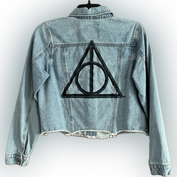 Harry Potter Women's Denim Jacket Deathly Hollows Master of Death Crop Medium - Picture 2 of 15
